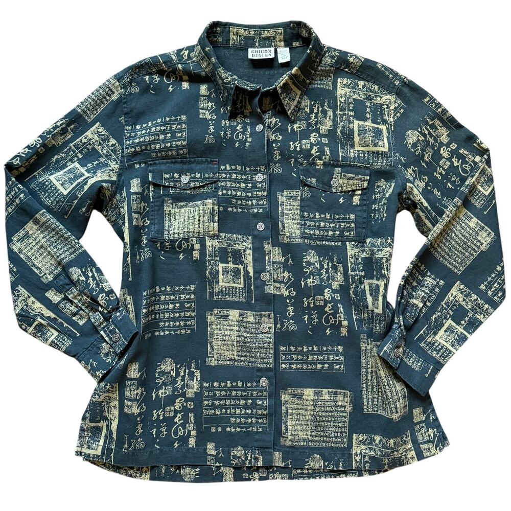 Vintage Chico’s Design Script Print Linen Blend Shirt Button Front Women’s XL 16